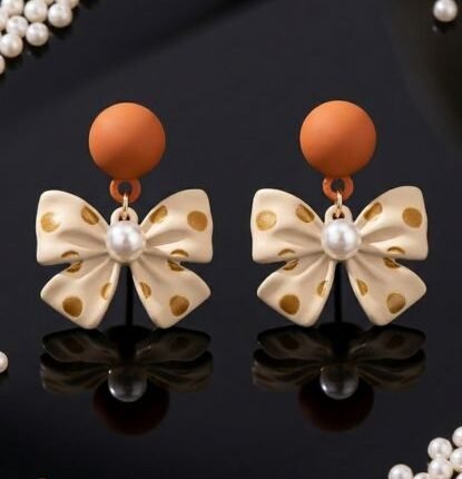 Golden Polka Bow Pearls Earrings
